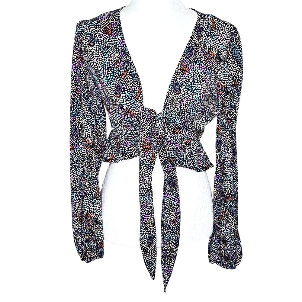 Bar III Colorful Tie Front V-Neck Ruffle Hem Balloon Sleeves Crop Top